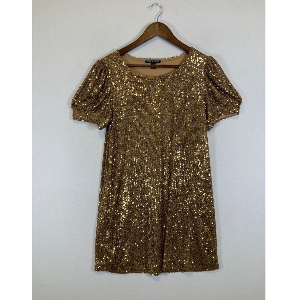 Cable & Gauge Sequin Dress Womens Medium Gold Puff Sleeve Mini Shift Party